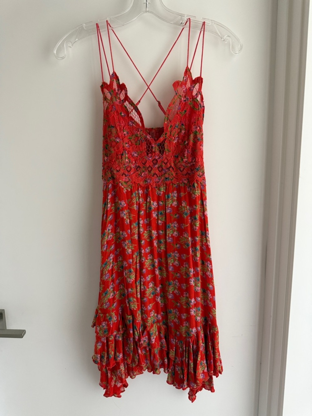Free People Red Floral Lace-Trim Mini Slip Dress